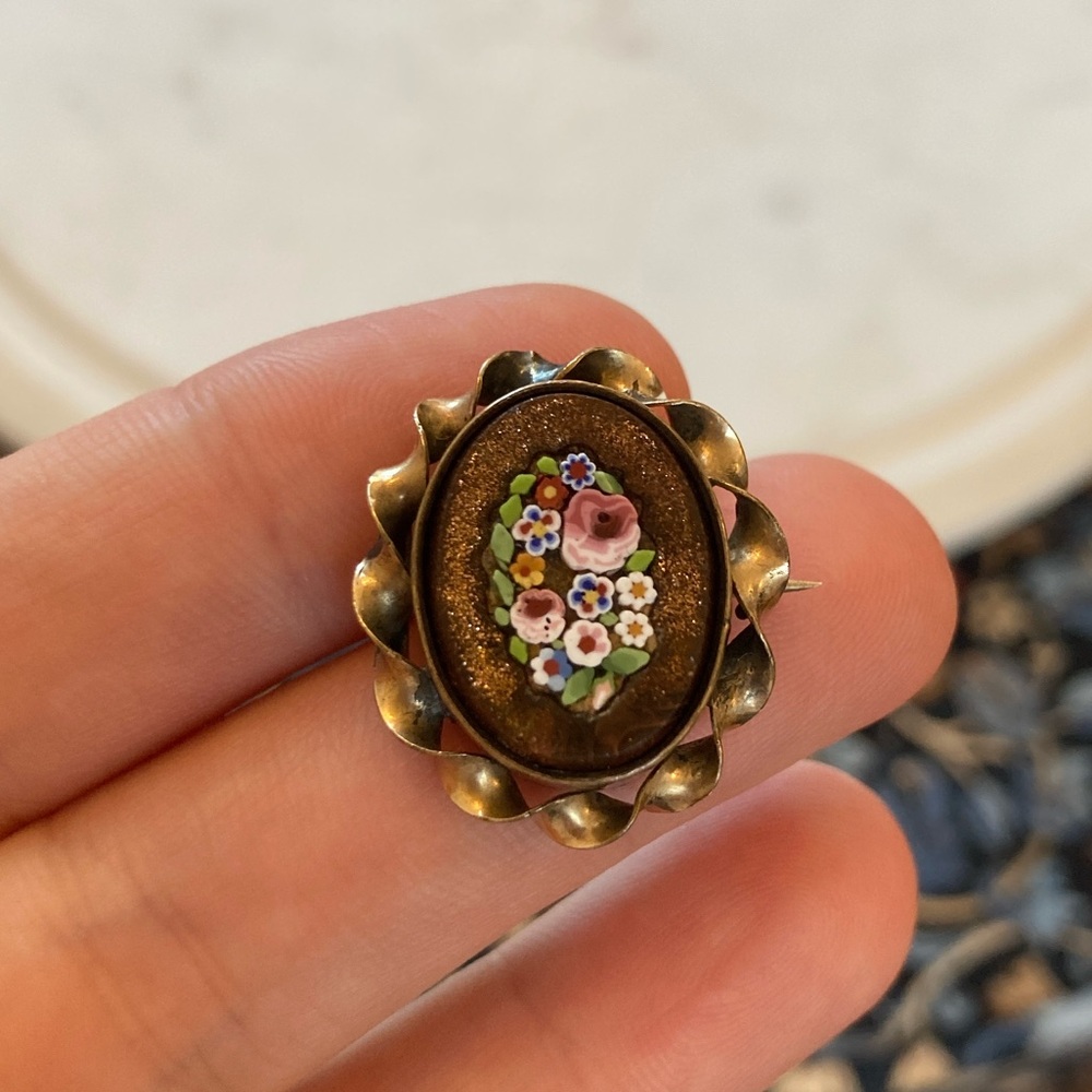 Antique Victorian Micro Mosaic Tesserae Goldstone Brooch Original C-Clasp